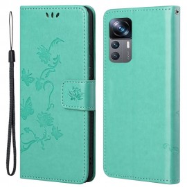 Coverup Bloemen & Vlinders Book Case - Xiaomi 12T / 12T Pro Hoesje - Mintgroen