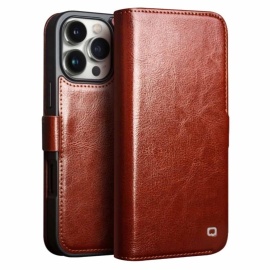 QIALINO Genuine Leather Book Case - Echt Leder - iPhone 16 Pro Hoesje - Bruin